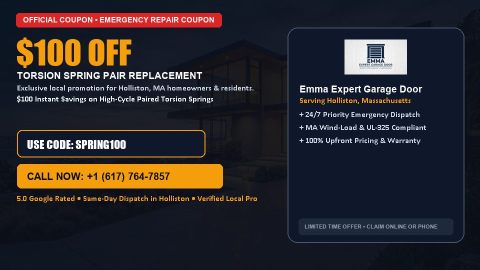 $100 OFF Dual High-Cycle Torsion Spring Replacement in Holliston, MA - Emma Expert Garage Door