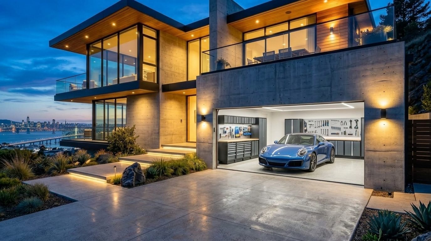 Emma Expert Garage Door Garage Door Gliding Open Revealing Warm Illuminated Interior