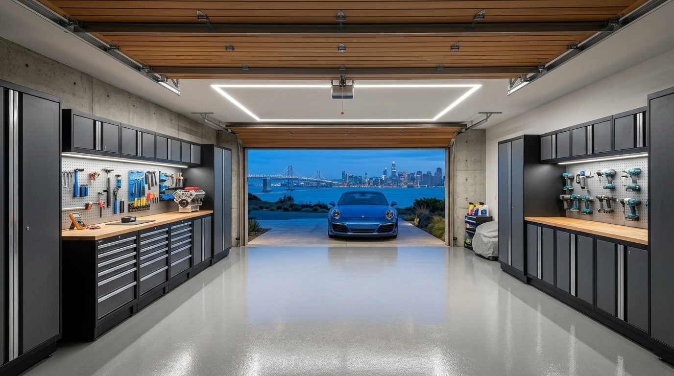 Emma Expert Garage Door Interior View of Custom Garage Door Overhead and Workshop